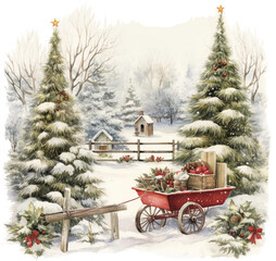 Festive Watercolor Christmas Tree in Vintage Winter Garden, Isolated Transparent Background