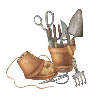 recommend clip art: Flower pot with gardening tools (scissors, pruners, scoop and rake) and twine holder. Rustic farmhouse, vintage garden utensil. Hand drawn watercolor painting illustration isolated on white background