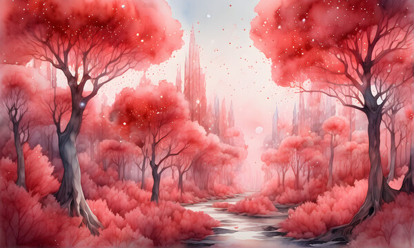 A watercolor painting of a tree forest with red flowers. background. Generative AI