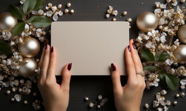 Main f&eacute;minine avec ongles d&eacute;cor&eacute;s de strass qui tient une carte