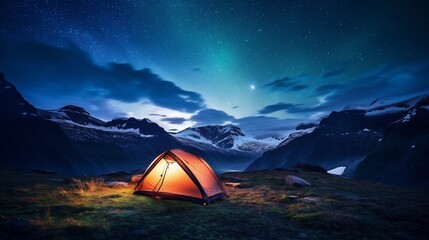 Fototapeta na wymiar Camping in wild northern mountains with an illuminated tent viewing a spectacular northern lights aurora. Travel adventure landscape background
