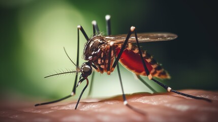 Mosquito filled with blood, macro photo, biting a person, sucking blood. Aedes aegypti spread dengue fever, chikungunya, Zika fever, Malaria (Mayaro) and yellow fever viruses - obrazy, fototapety, plakaty