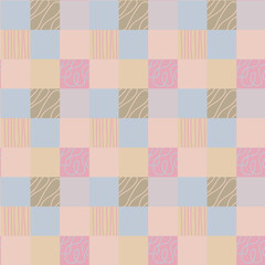 seamless pattern of small squares, tiles with various small doodle icons flower,beetle,leaf