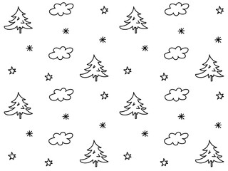 seamless black and white doodle winter pattern of Christmas trees and snowflakes