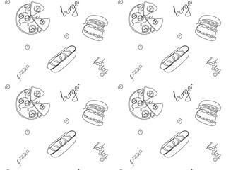 Black and white seamless doodle pattern of fast food, pizza,hot dog, hamburger. continuous one line art hand drawing sketch