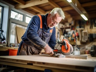 Senior male carpenter assists younger colleague with measuring and cutting wood in carpentry workshop. Experienced carpenter shares knowledge and expertise with apprentice.