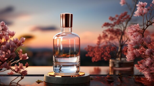 Transparent bottle of essence perfume on the little podium on pink sakura background with sunset. Trending concept of women's essence for branding mockup. Minimal style perfume template