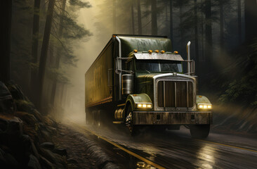 A green truck drives through the foggy forest, delivering cargo in any weather conditions, Generative AI