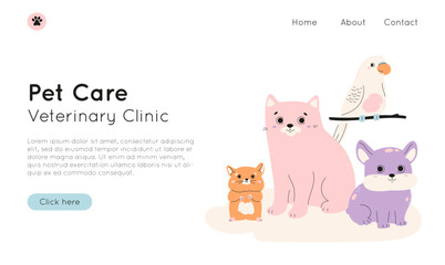 Pet care web banner template with cute domestic animals. Cat, hamster, dog and budgie. Vet clinic concept. Vector illustration with little puppy, parrot on branch, kitten. Simple design.