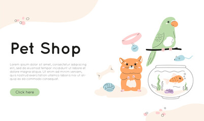Pet shop concept with cute hamster, budgie on branch, fish in bowl and supplies. Web banner template with domestic little animal and bird. Vector illustration. Rope toy, collar with tag, bone.