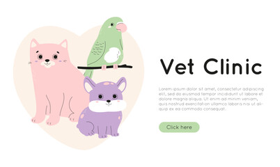 Vet clinic web banner template with cute domestic animals. Cat, puppy and budgie on abstract heart shape background. Pet care concept. Vector illustration with little dog, parrot on branch, kitten.