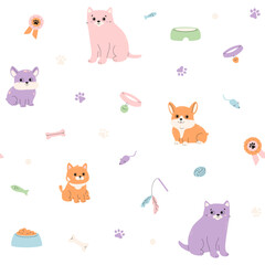 Pets and supplies seamless pattern. Cute cat, doodle dog, rope toys, feather, kitten feeder with food, bone, award with paw sign. Vector illustration. Puppy and kitten childish background.