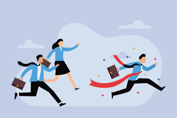 Businessman winning competition crossing red ribbon finish line celebrating success 2d flat vector illustration