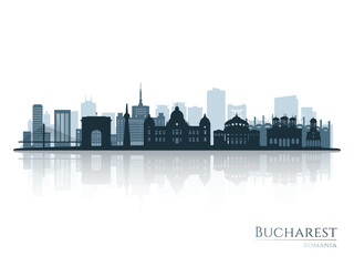 Bucharest skyline silhouette with reflection. Landscape Bucharest, Romania. Vector illustration.