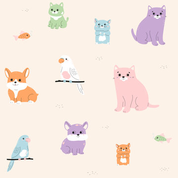 Pets seamless pattern. Cute cat, doodle budgie, little dog, hamster. Domestic baby animals. Puppy, kitten, parrot, fish on beige background. Vector childish illustration.