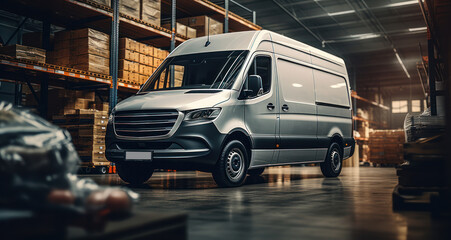 A white van is parked inside a warehouse, Online order delivery, Generative AI