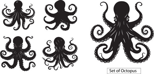 Set of Octopus silhouette, Octopus silhouette, sea animal silhouette