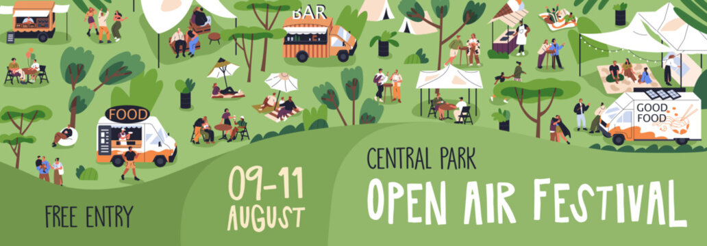 Open-air festival banner design. Outdoor fest, public picnic, camp, weekend event in park on summer holiday. Promotion background with food trucks, tiny people in nature. Flat vector illustration
