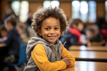 Portrait of smiling boy with book on bench in classroom - obrazy, fototapety, plakaty