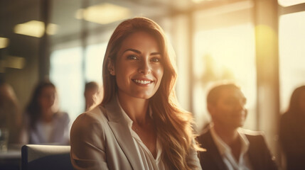 Successful Business woman boss sitting in a boardroom with her team on Defocused Bokeh flare office background - obrazy, fototapety, plakaty