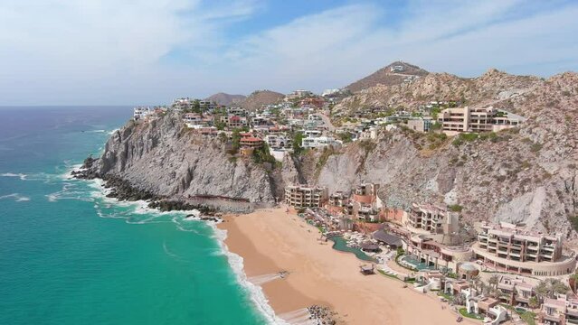 Mexico, Cabo San Lucas: Aerial view of famous resort city on southern tip of Baja California peninsula, Wejulia Beach - landscape panorama of Latin America from above