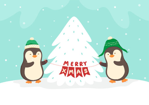Christmas card with penguins, Merry Christmas and New Year