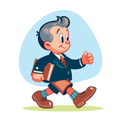 Vintage cartoon mascot of a walking happy schoolboy, holding a book. 