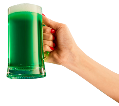 Cheers. Mug with green beer isolated on transparent background. Concept of st patrick's day celebration, brewery, traditions, alcohol drinks, taste, Irish holiday