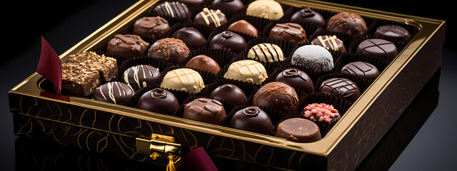 an array of gourmet chocolates, presented in an appetizing and luxurious manner