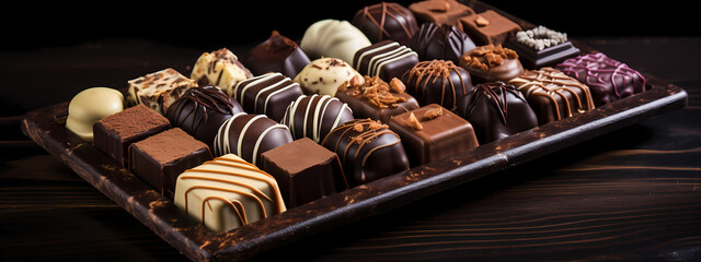 an array of gourmet chocolates, presented in an appetizing and luxurious manner