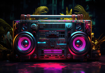 Retro boombox with colored lights, Generative AI