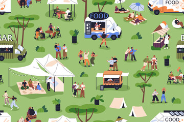 Open-air festival in park. People relaxing at street food fest with trucks, tents. Public picnic, camp in nature on summer holiday, weekend leisure. Crowd at outdoor event. Flat vector illustration