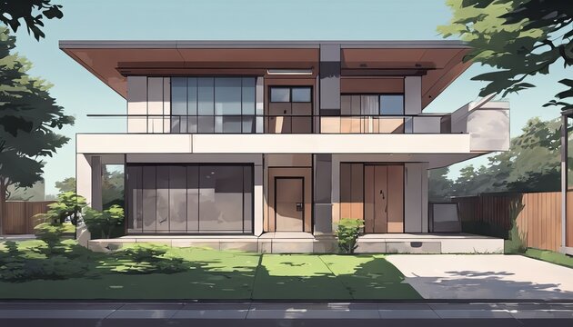Anime Modern Futuristic House Inspiration and Background with Garden