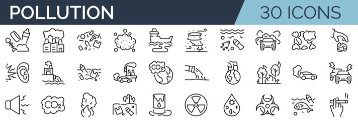 Set of 30 outline icons related to pollution. Linear icon collection. Editable stroke. Vector illustration - obrazy, fototapety, plakaty