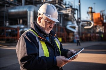 photograph of An engineer looks at a manual, diagrams, and information on a tablet for laying an Industrial gas pipeline. in petrochemical plant.