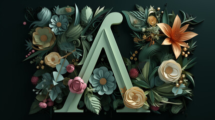 3d illustration of letter A decorated with flowers, leaves and flowers. 