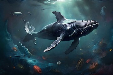 whale in the depp sea illustration art work. Generate AI 