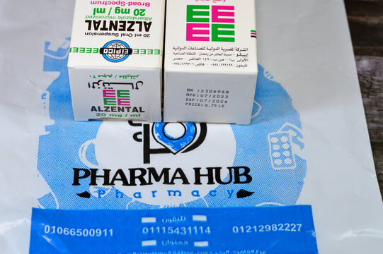 Cairo, Egypt, November 6 2023: Alzental suspension Albendazole from Pharma Hub pharmacy, broad spectrum anthelmintic, for Enterobiasis, Ascariasis, Ancylostomiasis, Trichuriasis, Strongyloidiasis