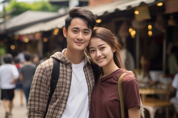 photograph of Love couple are smiling for the camera while standing in front of the Chiang Mai city Thailand