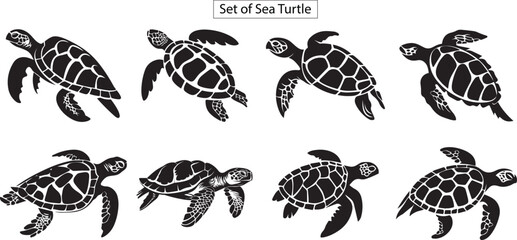 set of sea turtles silhouette, turtle silhouette set