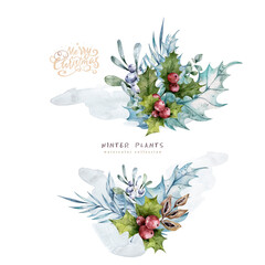 Winter watercolor plants illustration frame for text. Blue snow flowers isolated on white background. Merry Christmas and new year set - 680914730