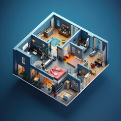 3D model house floor plan with a view of furnished rooms inside, isometric, AI Generated