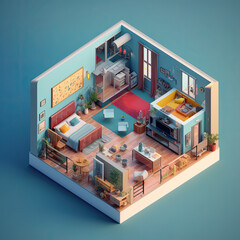 3D model house floor plan with a view of furnished rooms inside, isometric, AI Generated