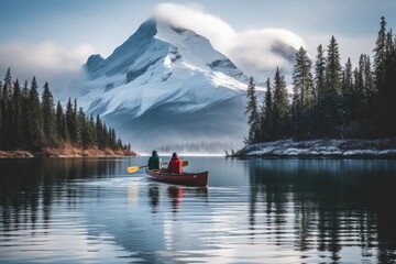 Male and female, two traveler in winter coat canoeing in Spirit Island on Maligne Lake at Jasper national park - obrazy, fototapety, plakaty