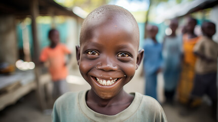 Smiling African Boy with Community Members in Background