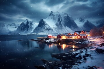 Red rorbu village in winter at night, Milky Way above sea coast, snow covered mountains