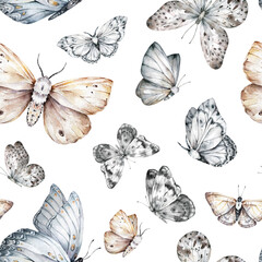 Black and white butterflies and floral seamless pattern. Watercolor botanical texture - 680915369