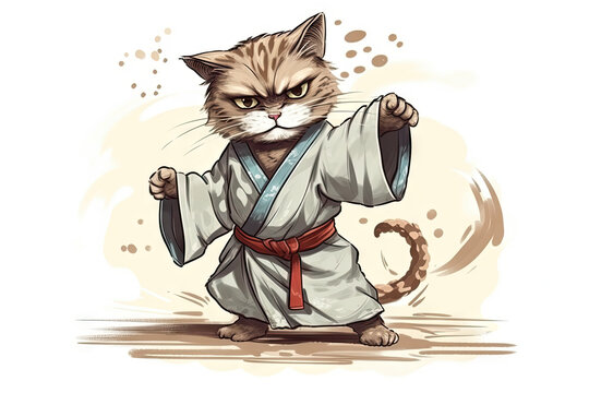 Ninja Cat, Cats Battle, Wushu Master is Fighting, Dangerous Oriental Warrior Cats in Kimono