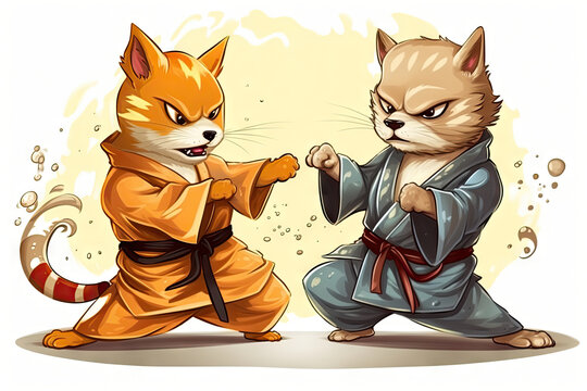 Ninja Cat, Cats Battle, Wushu Master is Fighting, Dangerous Oriental Warrior Cats in Kimono