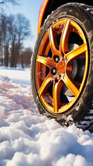 Fototapeta na wymiar Close-up of a car wheel tire on a winter road. Winter tires, snow on the road, seasonal tires for safety on the road, car maintenance, vertical.